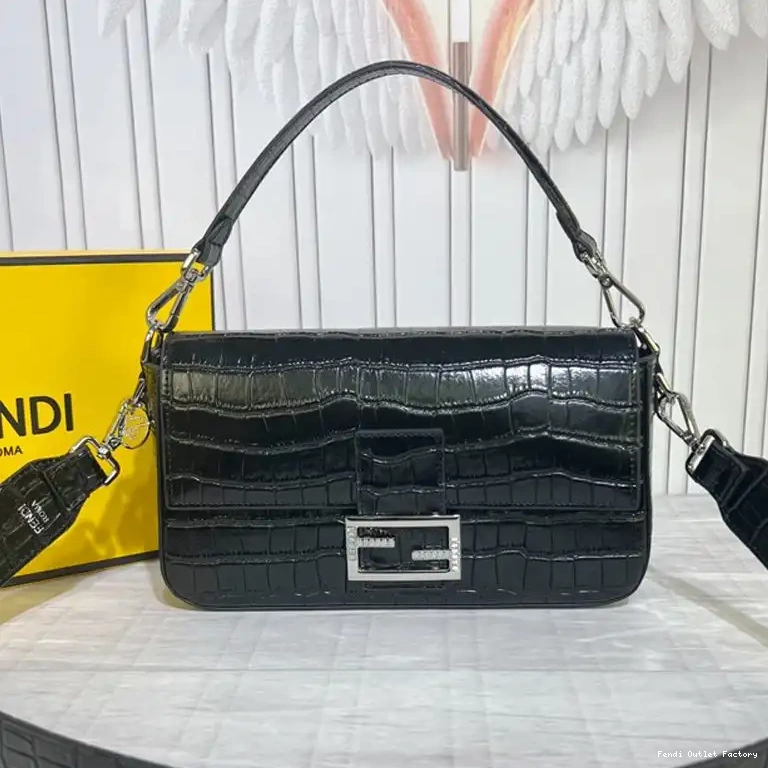 Cheap HOT Black Bag Baguette Crocodile Medium Fendi Tiffany In Leather 0701